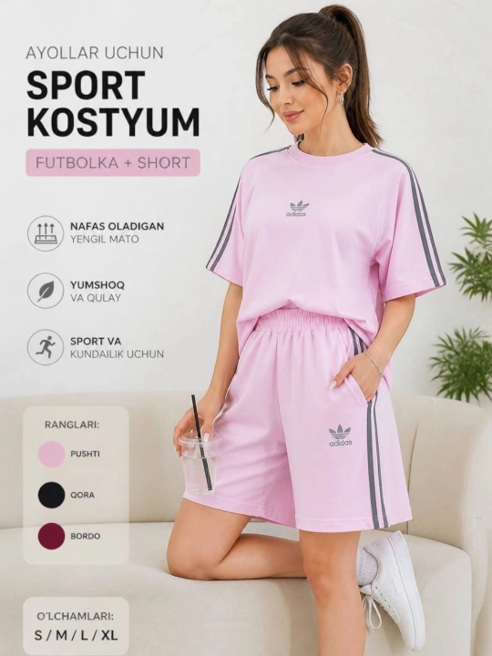 Ayollar uchun sport kostyum (futbolka + short), oversize, yozgi, qulay RAZMER STANDART - 
