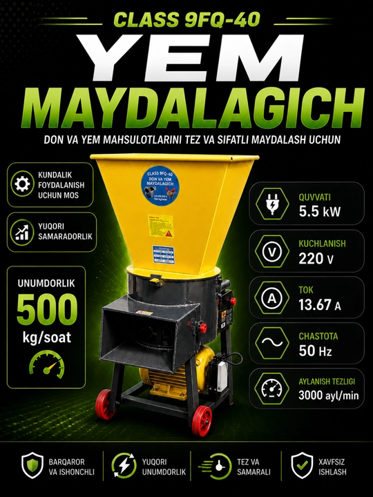 Yem maydalagich, don maydalagich apparati, chorva uchun yem tayyorlash uskunasi - 