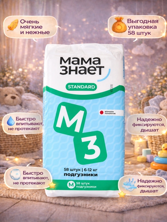 Bolalar tagliklari Mama znaet Standard M 58 dona, 6-12 kg, yumshoq nafas oladi - 