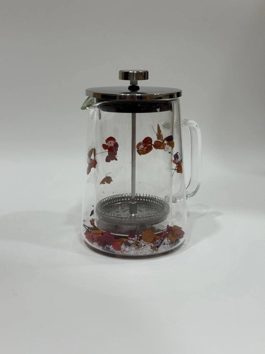 Ikki qavatli shisha French press choynak 650 ml, gul dizaynli
