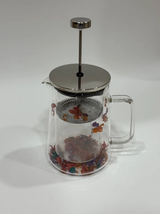 Ikki qavatli shisha French press choynak 650 ml, gul dizaynli