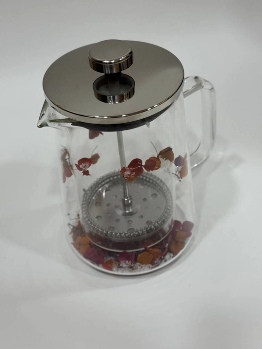 Ikki qavatli shisha French press choynak 650 ml, gul dizaynli