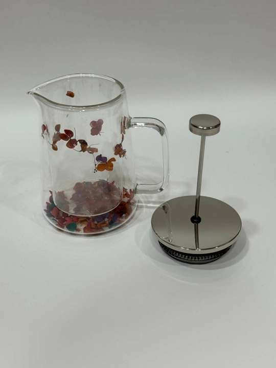 Ikki qavatli shisha French press choynak 650 ml, gul dizaynli