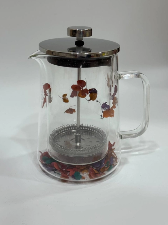 Ikki qavatli shisha French press choynak 650 ml, gul dizaynli