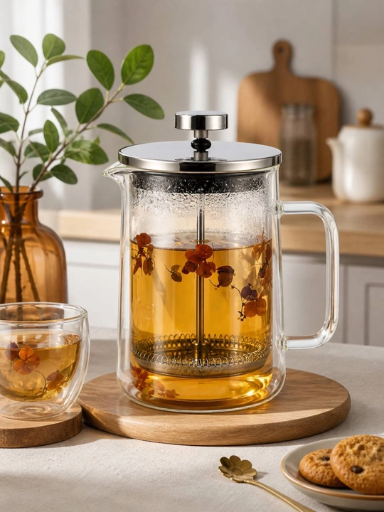 Ikki qavatli shisha French press choynak 650 ml, gul dizaynli - 