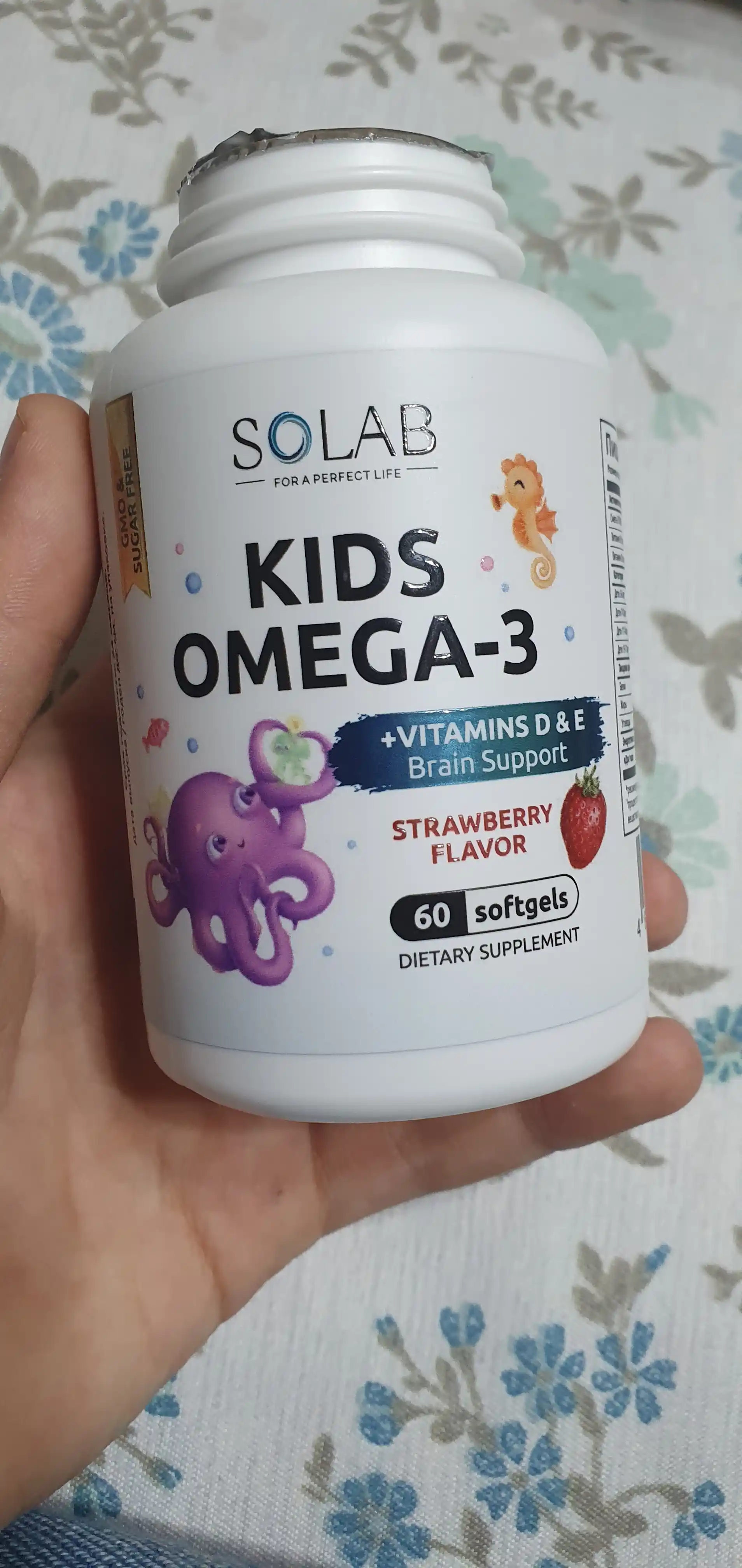 Omega-3, SOLAB, bolalar uchun + D va E vitamini bilan, qulupnay ta'mi, 60 kapsula
