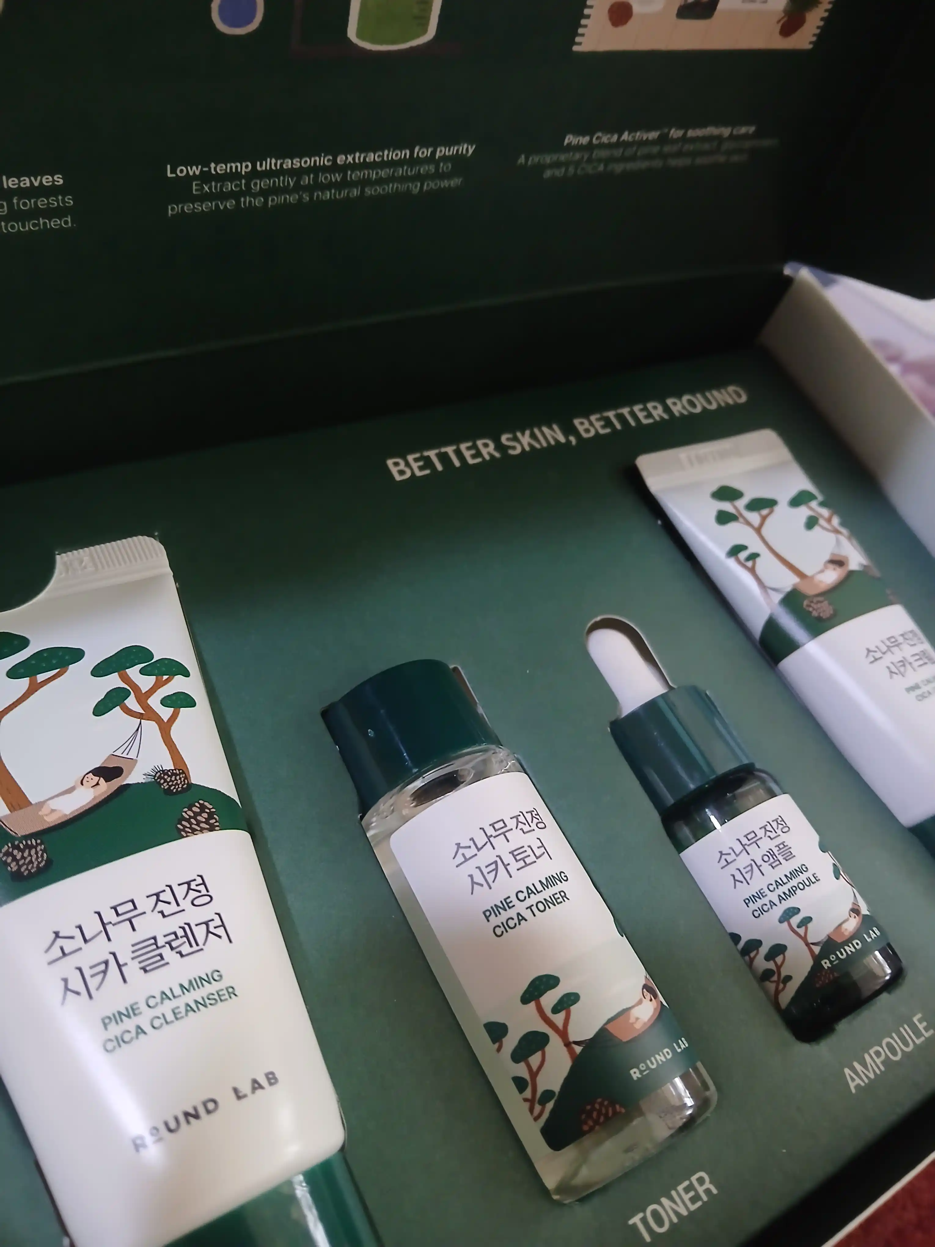 ROUND LAB yuz miniatyuralari sayohat to'plami, Pine Calming Cica Trial Kit, 4 dona
