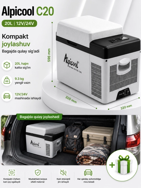 Avto muzlatgich Alpicool C20 20L kompressorli sovutgich 12V 24V