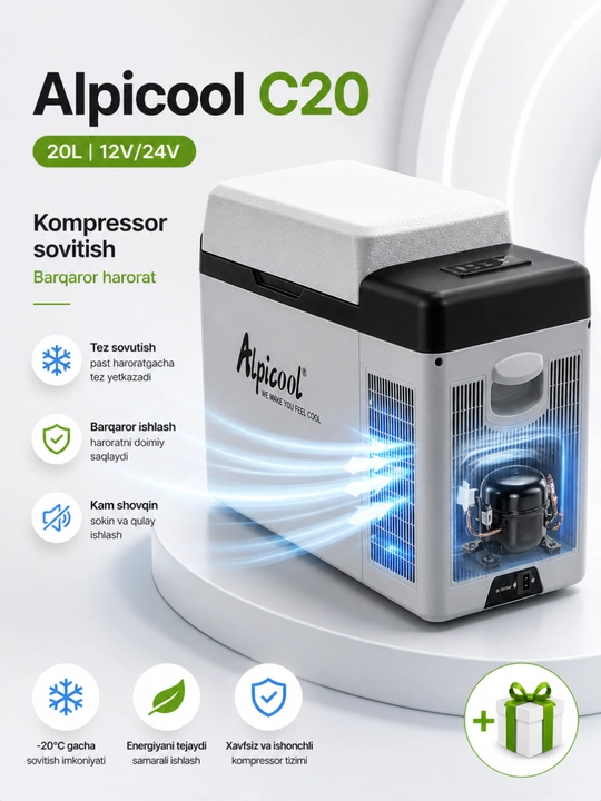 Avto muzlatgich Alpicool C20 20L kompressorli sovutgich 12V 24V