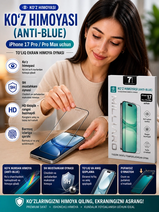 IPhone 17 Pro / 16 Pro / 17 Pro Max / Air / 16 Pro max/ 15 uchun himoya oynasi, 7 Milliard - 