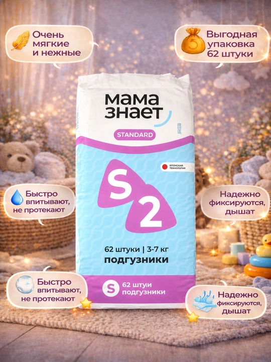 Mama Znaet Standard S2 bolalar tagliklari, 62 dona, 3–7 kg, yumshoq va ishonchli - 