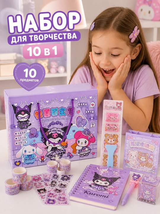10 ta 1 ijodiy to‘plam, stikerlar, bloknot, dekorativ skotch, bolalar uchun sovg‘a to‘plami