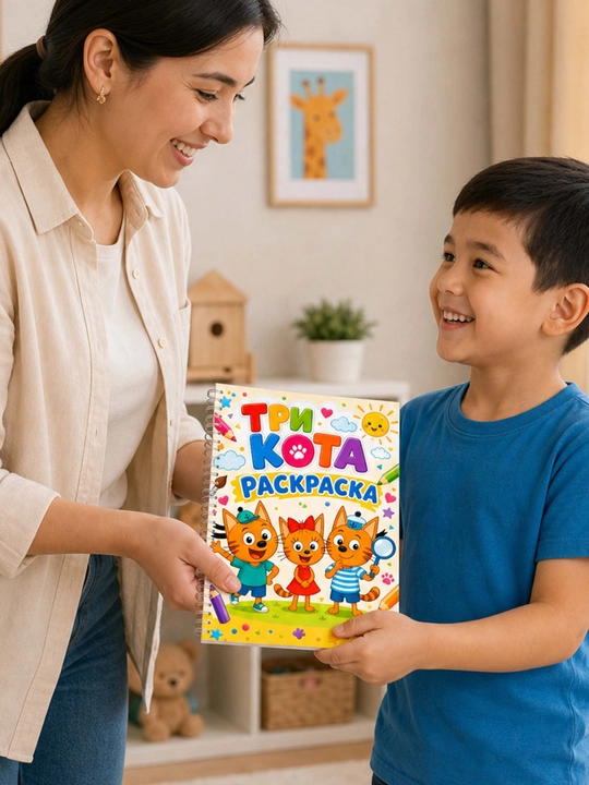 Раскраска "Три кота", для детей, альбом-раскраска с цветными картинками внутри, цветная