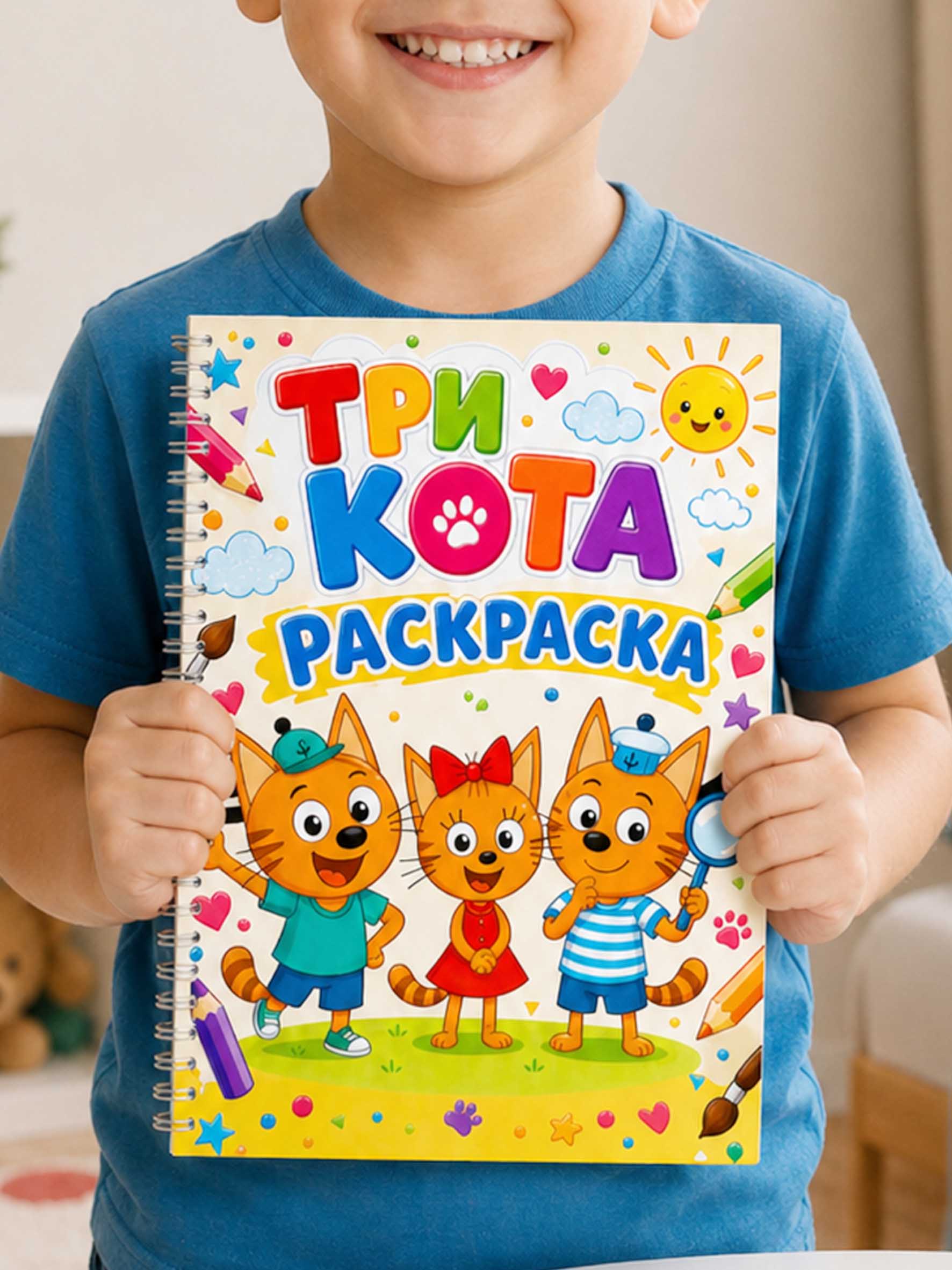 Раскраска "Три кота", для детей, альбом-раскраска с цветными картинками внутри, цветная - 