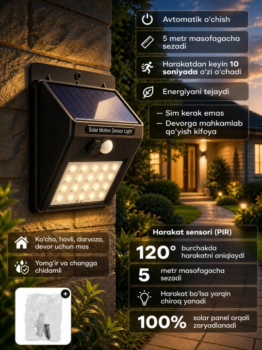 Quyosh energiyali devor chirog‘i PIR harakat sensori bilan, LED, avtomatik yoqilish