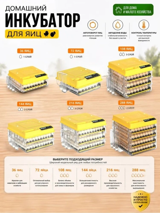 Инкубатор для яиц на 36/72/144/216/288, работает от 12В и 220В