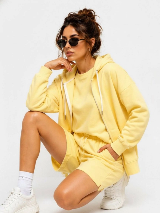 Ayollar uchun 3 ta 1 da komplekt tolstovka futbolka shortik oversize 100% paxta sela