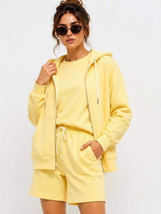 Ayollar uchun 3 ta 1 da komplekt tolstovka futbolka shortik oversize 100% paxta sela