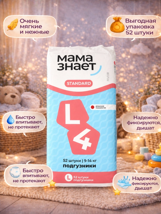 Подгузники Mama Znaet STANDARD L, 9-14 кг, 52 шт, одноразовые детские - 