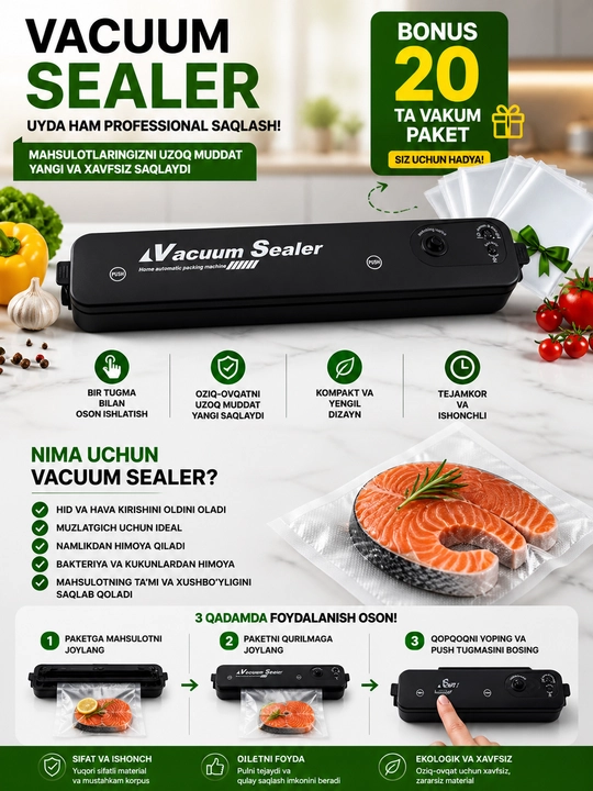 Вакуматор — вакумный упаковщик продуктов, + 50 пакетов, машина для вакуумной упаковки