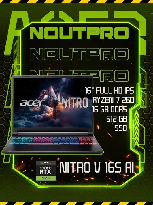 Ноутбук Acer Nitro V16S AI, Ryzen 7 260,16.0 FHD IPS 180Hz,RTX 5060/8GB RAM 16DDR5/512GB - 