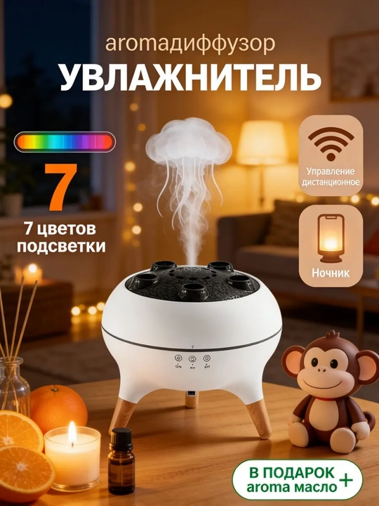 Увлажнитель воздуха с ароматизацией, медуза, с подсветкой и пультом