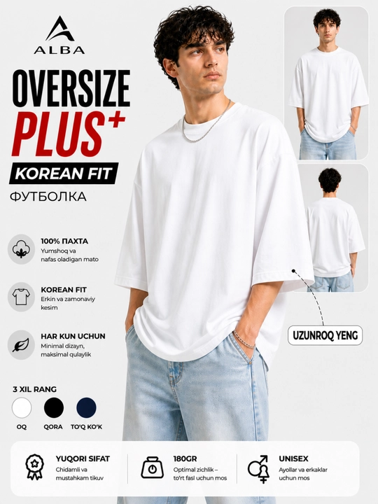 Koreya uslubidagi OVERSIZE PLUS futbolka, erkaklar uchun