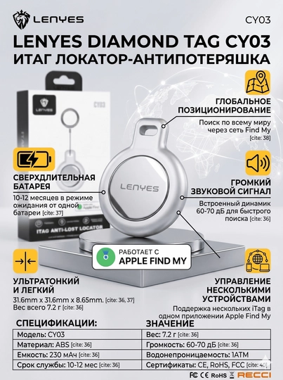 Умный брелок-трекер (локатор) LENYES CY03 Diamond Tag, работает с Apple Find My