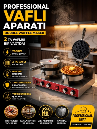 Профессиональная вафельница 2600W — 2 вафли, быстрое приготовление — ZIYOPRO-VAFLENITSA