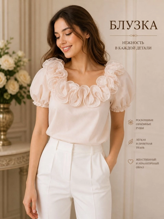 Подходит (S/M) 44-46.размеров Женская блузка кофта рубашка с воланами легкая ткань - 