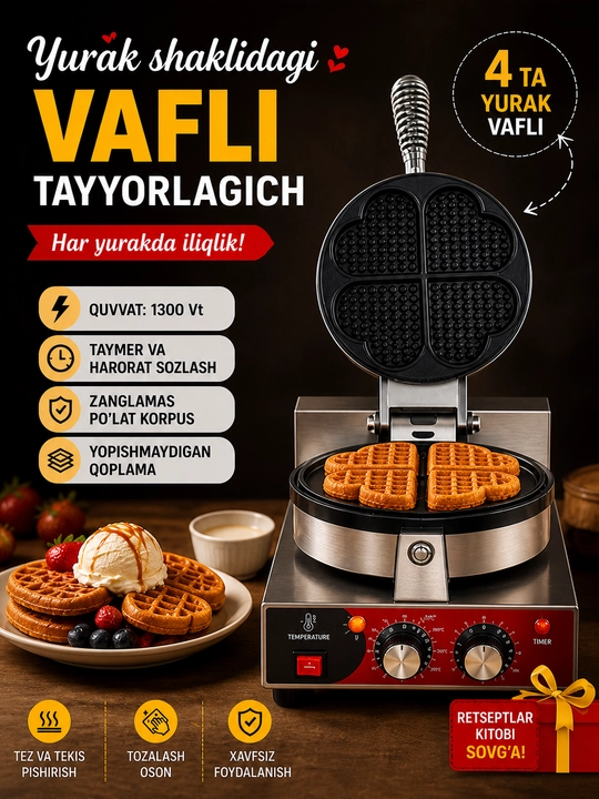 Vafli tayyorlagich yurak shaklida 1300W – non-stick, taymer bilan