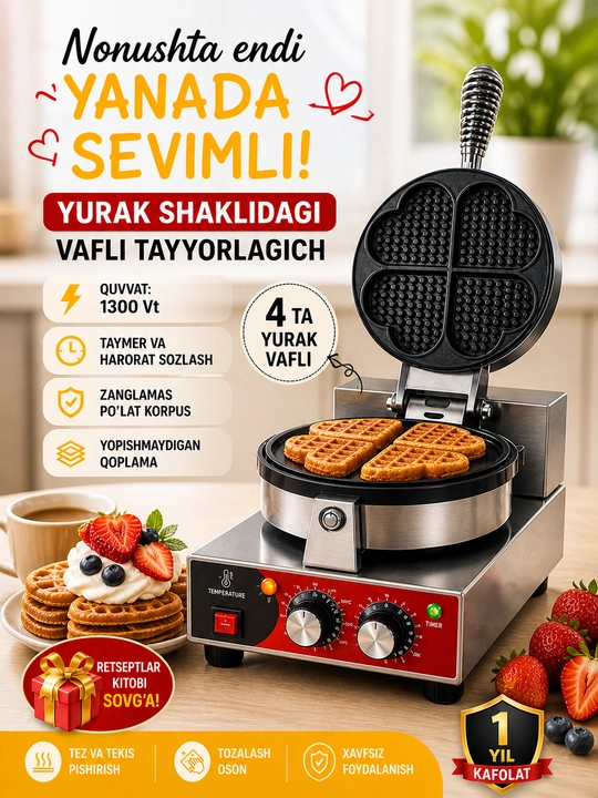 Vafli tayyorlagich yurak shaklida 1300W – non-stick, taymer bilan