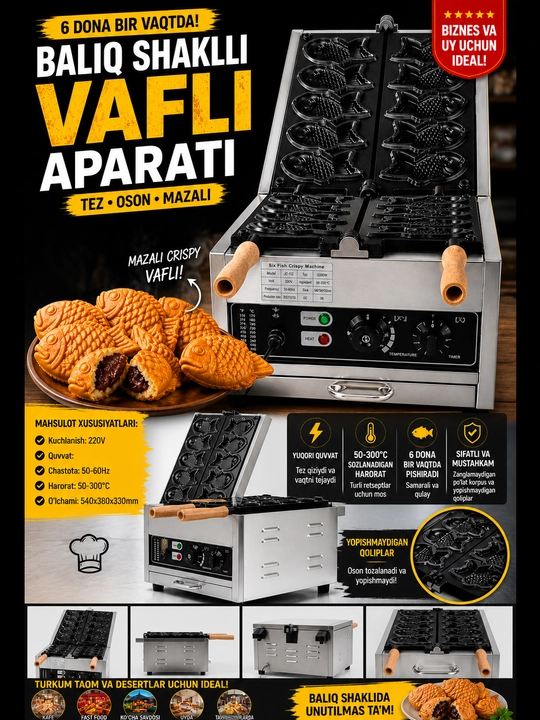 Taiyaki vafli apparati, 6 dona bir vaqtda pishiradi