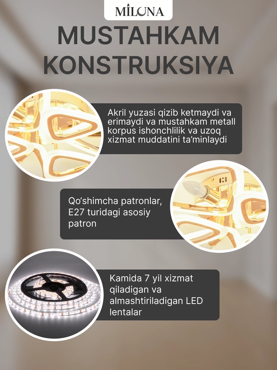 Qandil LED lyustra, pultli boshqaruv, 3 yorug'lik rejimi, uy va ofis uchun lyustra