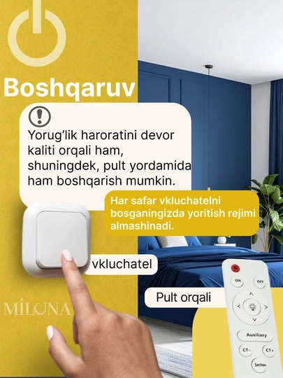Qandil LED lyustra, pultli boshqaruv, 3 yorug'lik rejimi, uy va ofis uchun lyustra
