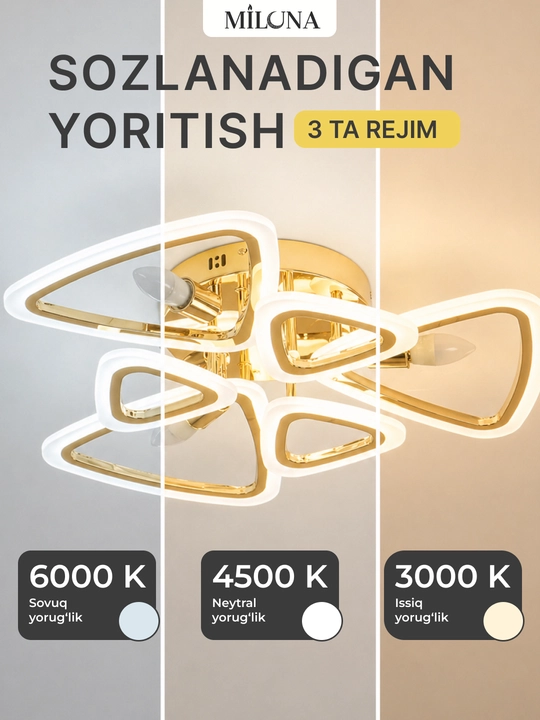 Qandil LED lyustra, pultli boshqaruv, 3 yorug'lik rejimi, uy va ofis uchun lyustra