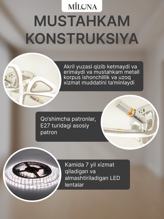 Qandil LED lyustra, pultli boshqaruv, 3 yorug'lik rejimi, uy va ofis uchun lyustra