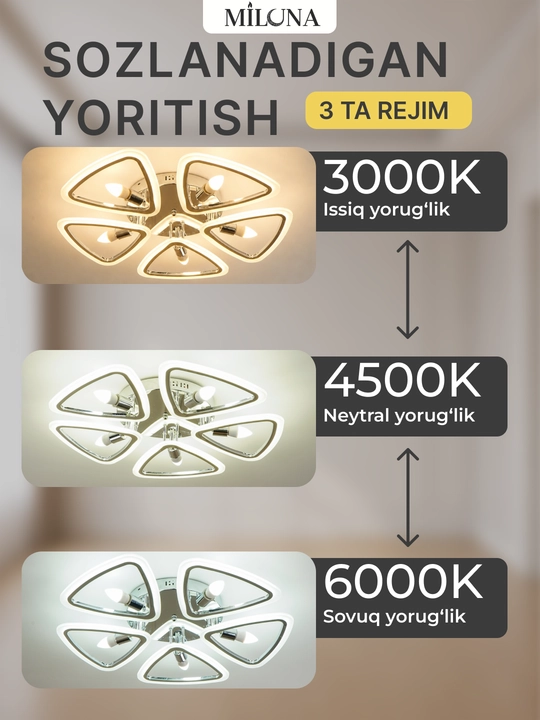 Qandil LED lyustra, pultli boshqaruv, 3 yorug'lik rejimi, uy va ofis uchun lyustra