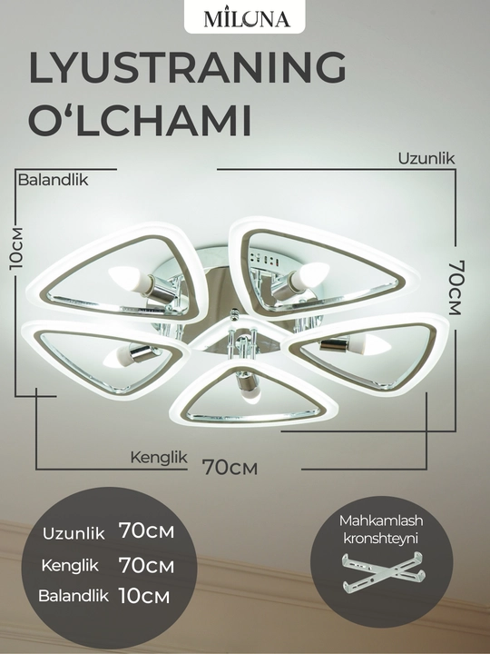 Qandil LED lyustra, pultli boshqaruv, 3 yorug'lik rejimi, uy va ofis uchun lyustra