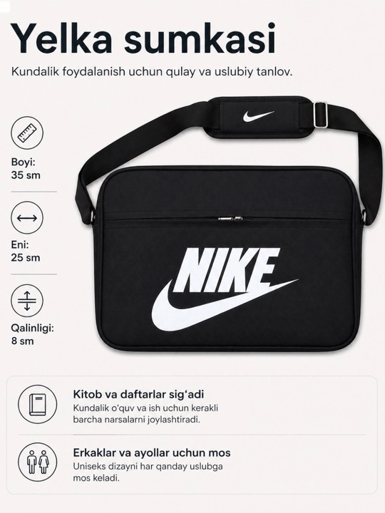 Bolalar va kattalar uchun yelka sumka, sport, maktab va kundalik foydalanish uchun 35×25×8