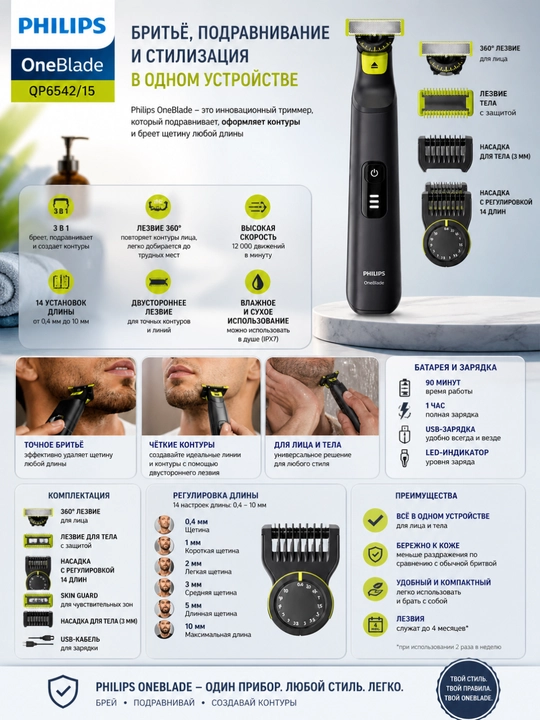 Philips триммер для лица Philips OneBlade Pro 360 QP6542/15, черный