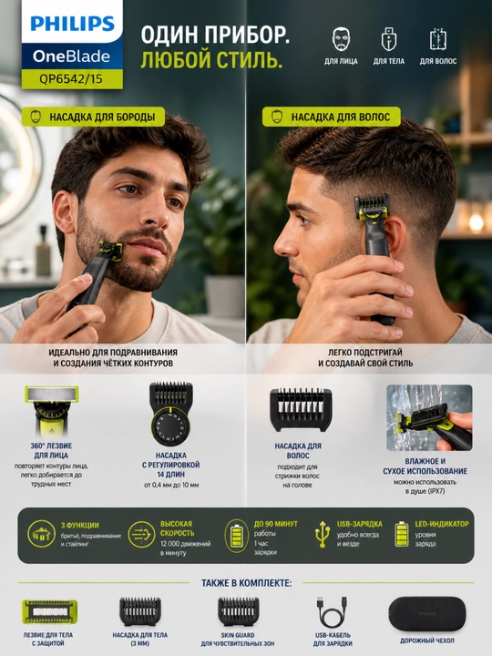 Philips триммер для лица Philips OneBlade Pro 360 QP6542/15, черный