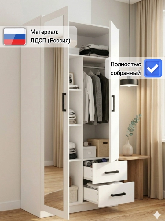 Шкаф-пенал SHOPIFAY, с зеркалом и ящиками, в собранном виде, ЛДСП