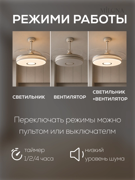 Ventilyatorli LED lyustra va qandil, shiftga osma, 3 xil yorug‘lik, 6 tezlik ventilyator
