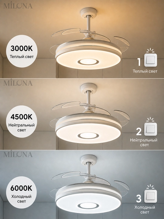 Ventilyatorli LED lyustra va qandil, shiftga osma, 3 xil yorug‘lik, 6 tezlik ventilyator