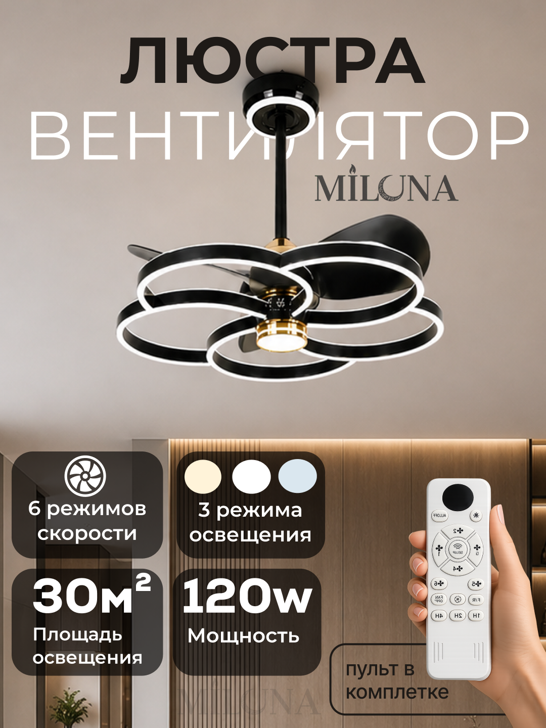 Pultli, shiftli, 3 ta yoritish rejimiga ega, 6 ta aylanish rejimiga ega LED chiroq-ventilyator - 