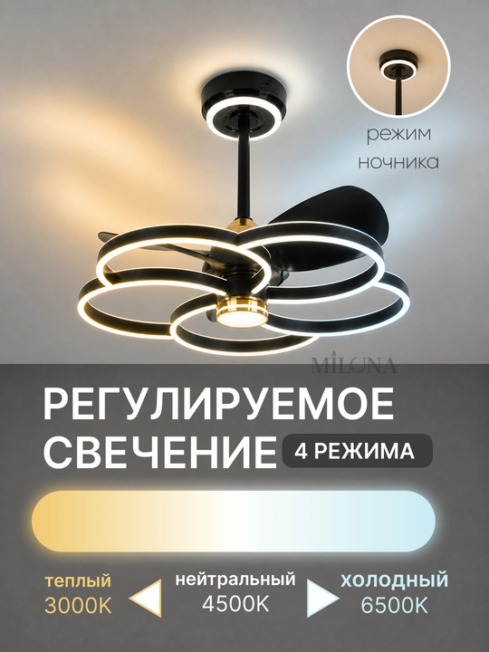 Pultli, shiftli, 3 ta yoritish rejimiga ega, 6 ta aylanish rejimiga ega LED chiroq-ventilyator