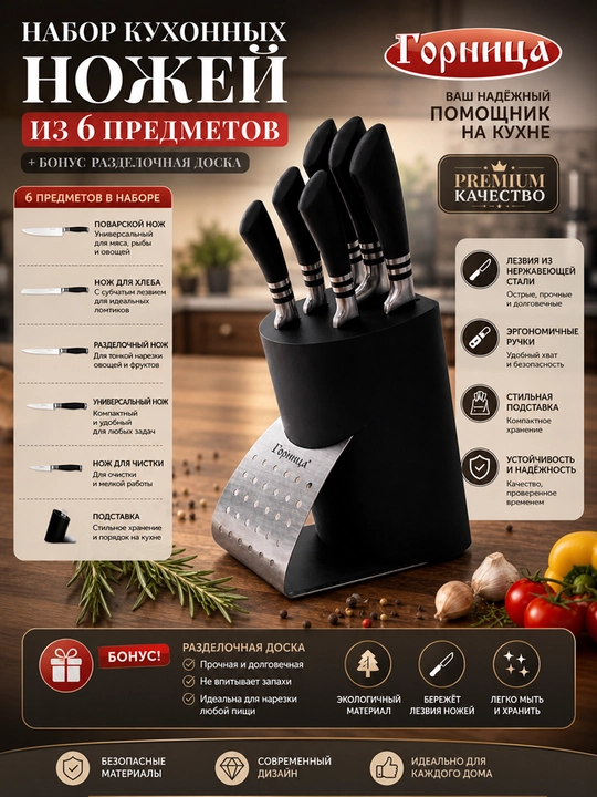 Универсальный набор ножей для кухни, 6 предметов