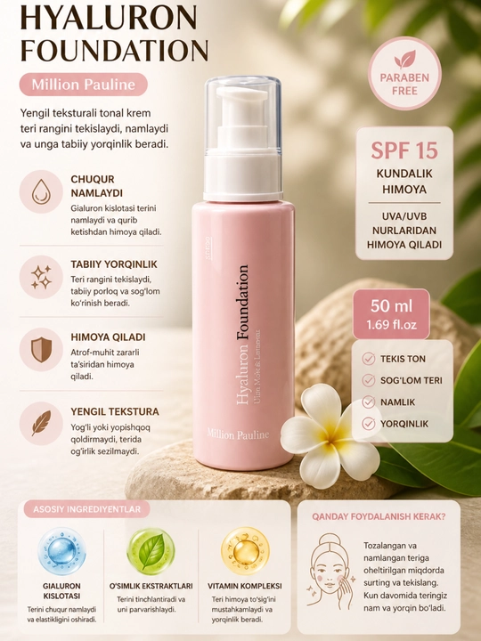 Tonal krem, hyaluron foundation, namlovchi ton krem, yuz kremi, SPF 20, makiyaj bazasi - 