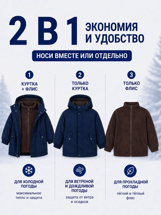 Куртка детская 2в1 ветровка с флисом утепленная демисезон 90-150